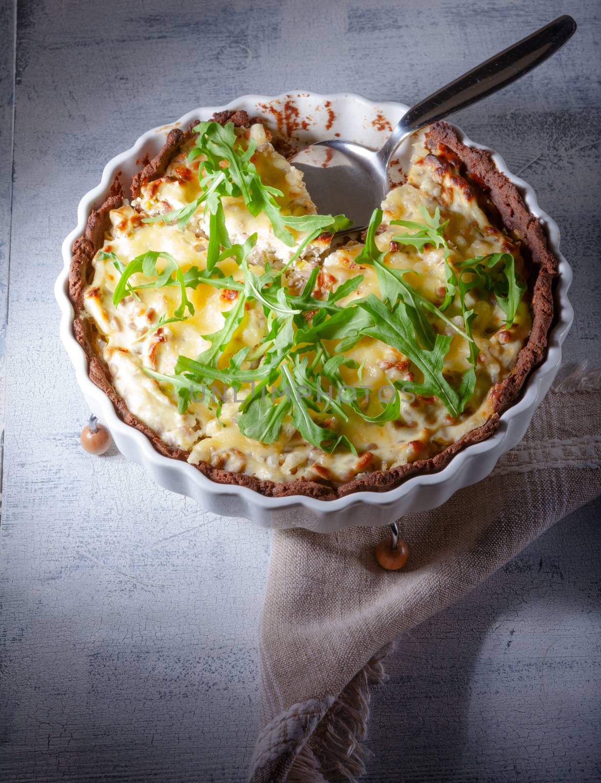 Cheese and  leeks quiche. Gluten-free, flour from rice, flax 