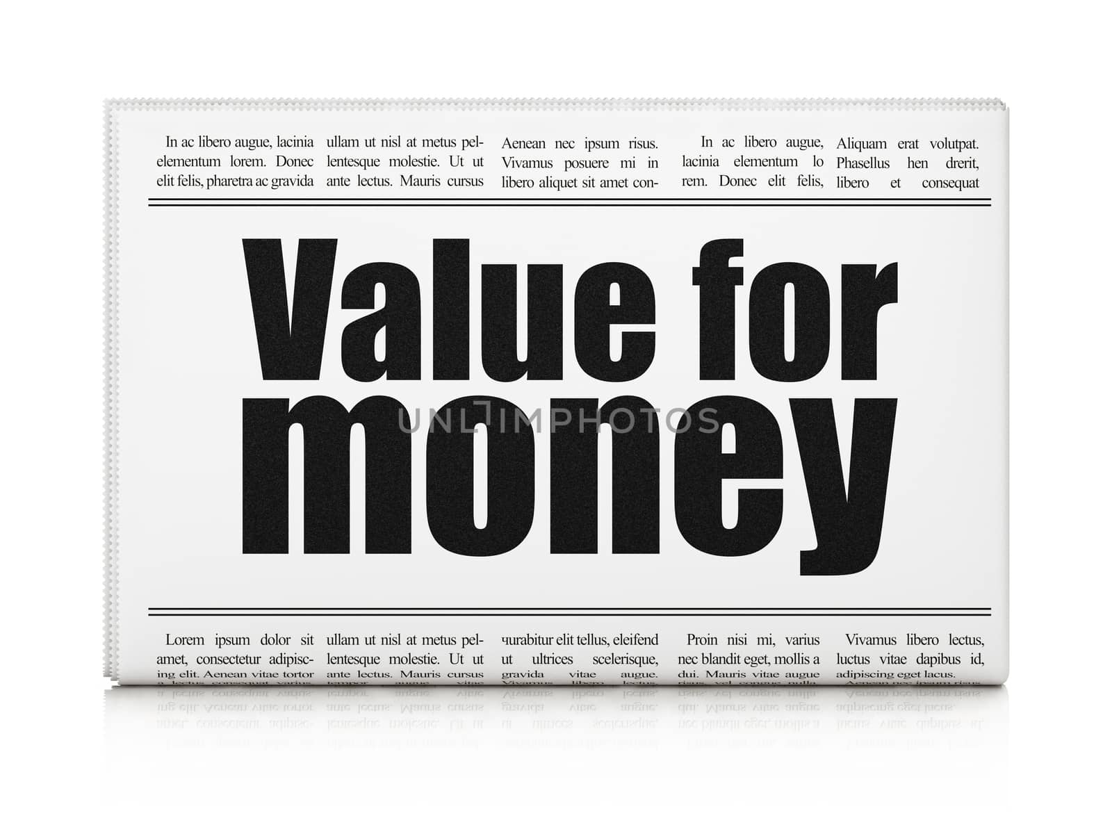 Money concept: newspaper headline Value For Money on White background, 3D rendering