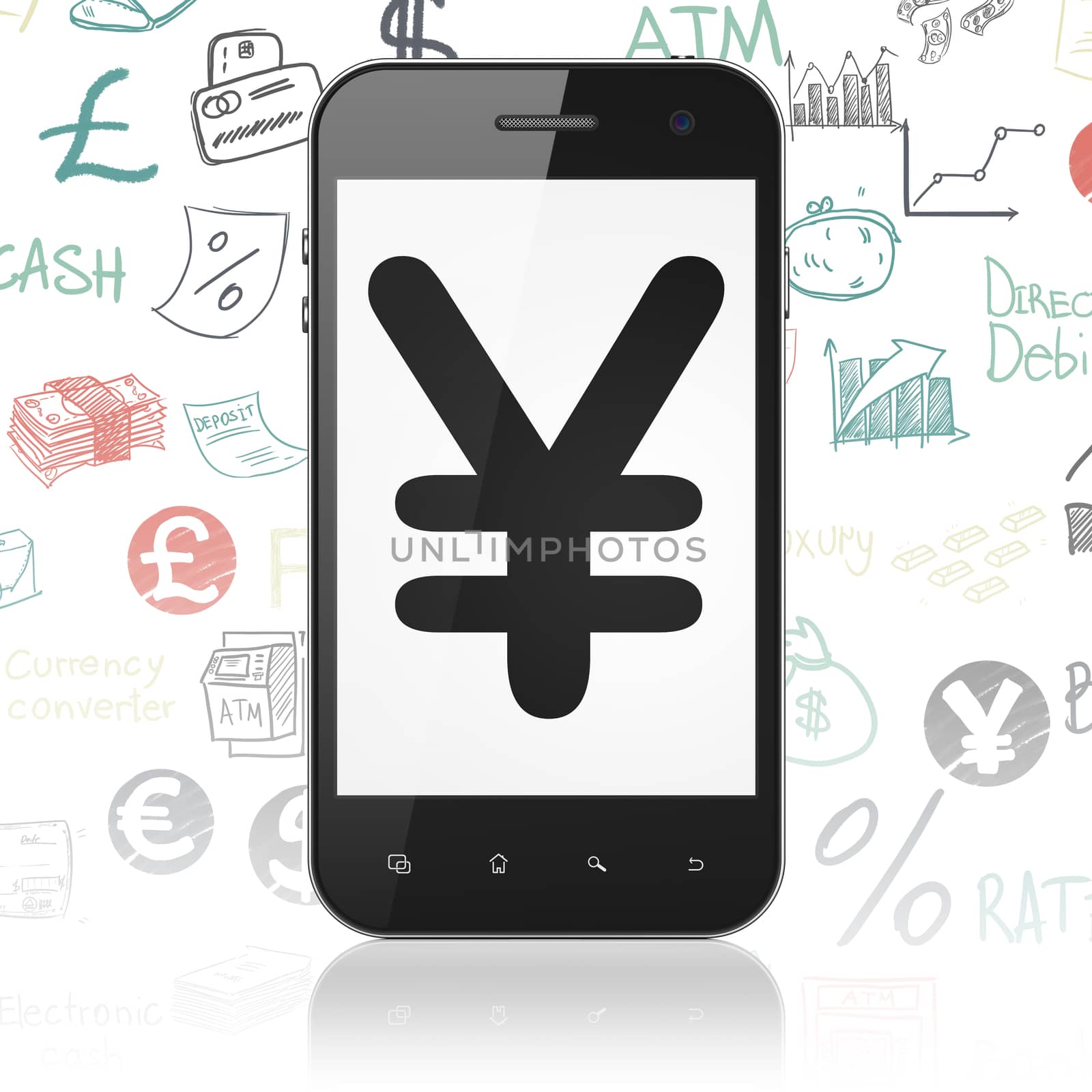 Currency concept: Smartphone with  black Yen icon on display,  Hand Drawn Finance Icons background, 3D rendering