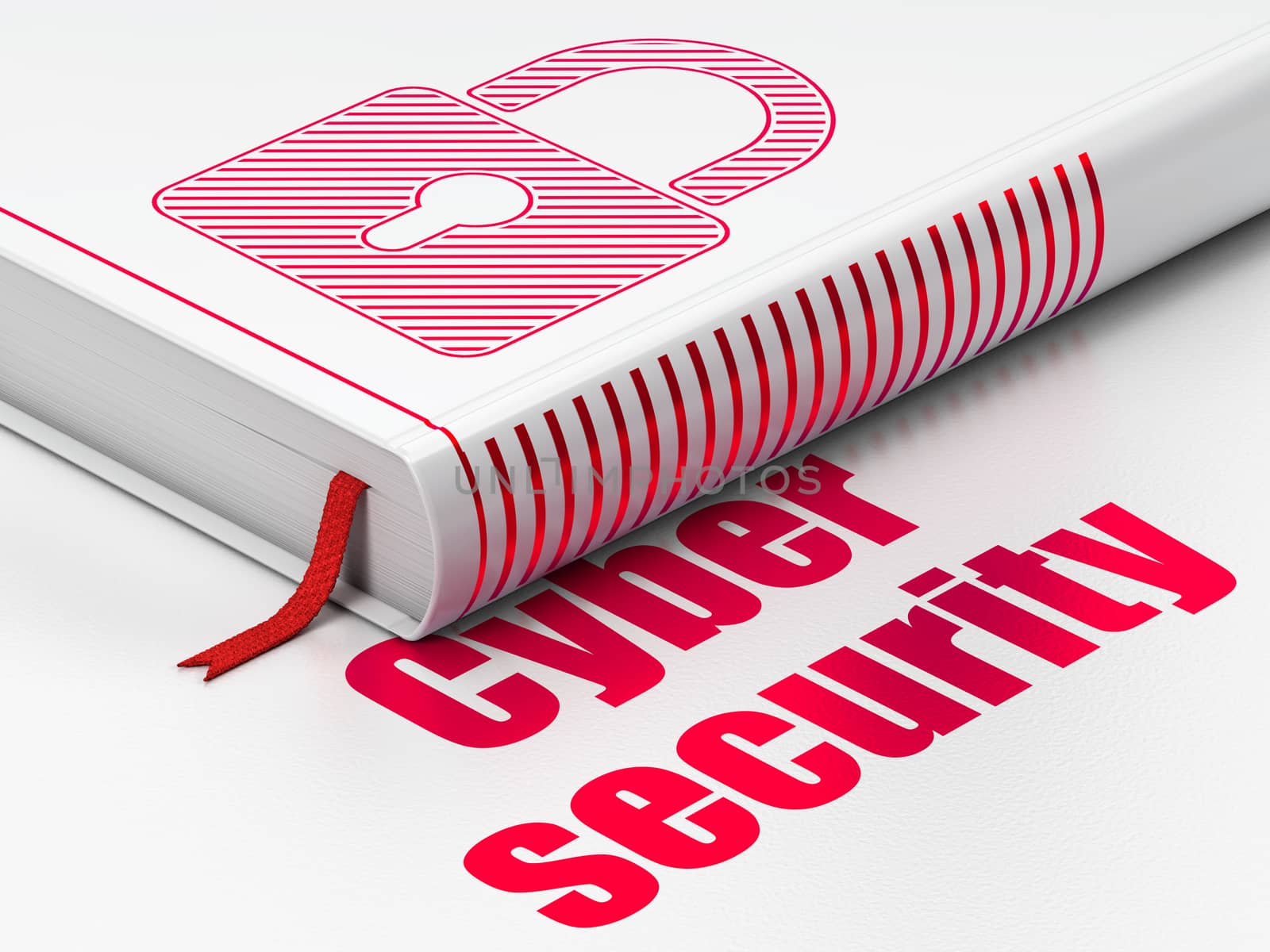 Protection concept: closed book with Red Closed Padlock icon and text Cyber Security on floor, white background, 3D rendering