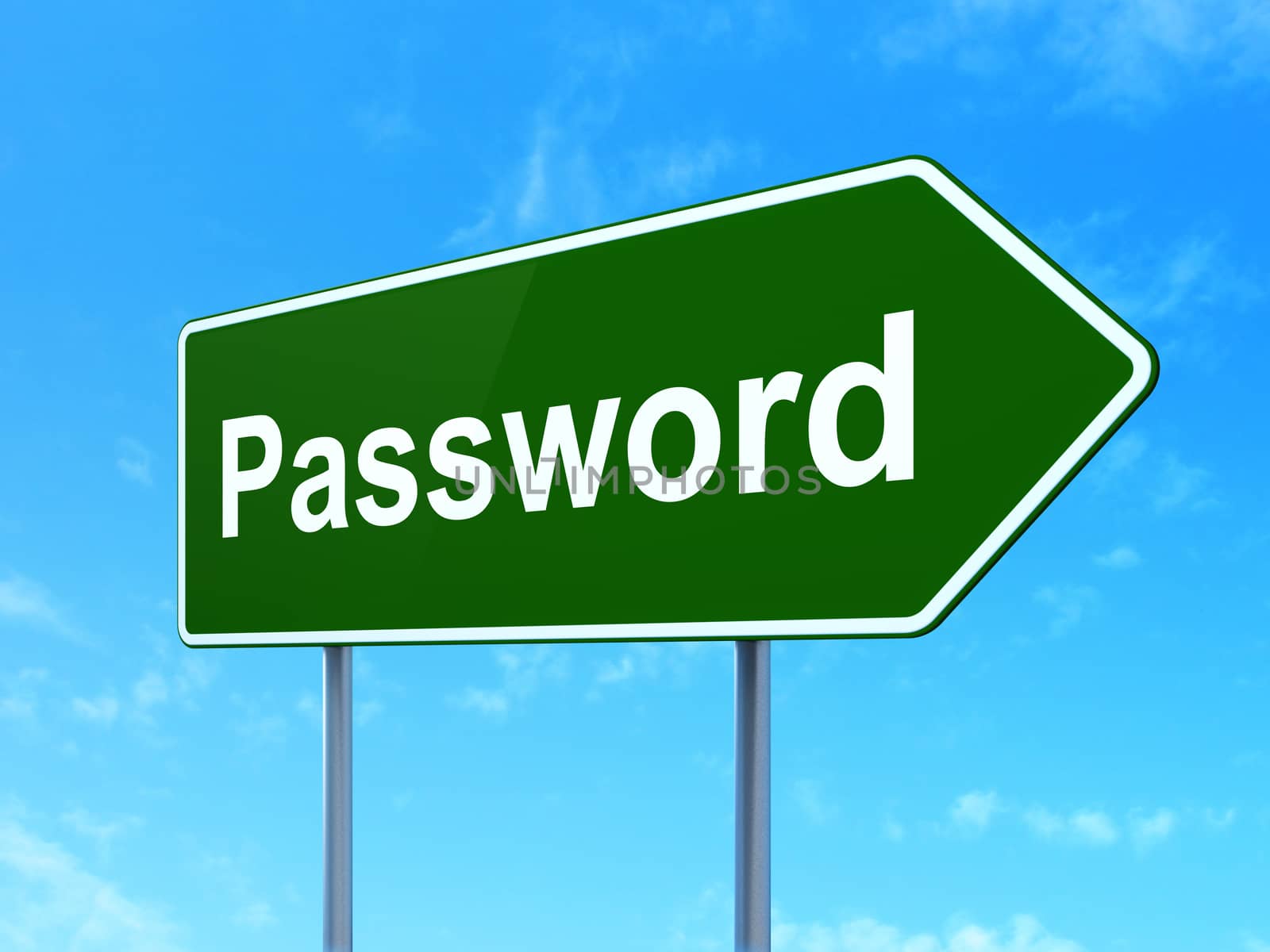 Privacy concept: Password on green road highway sign, clear blue sky background, 3D rendering