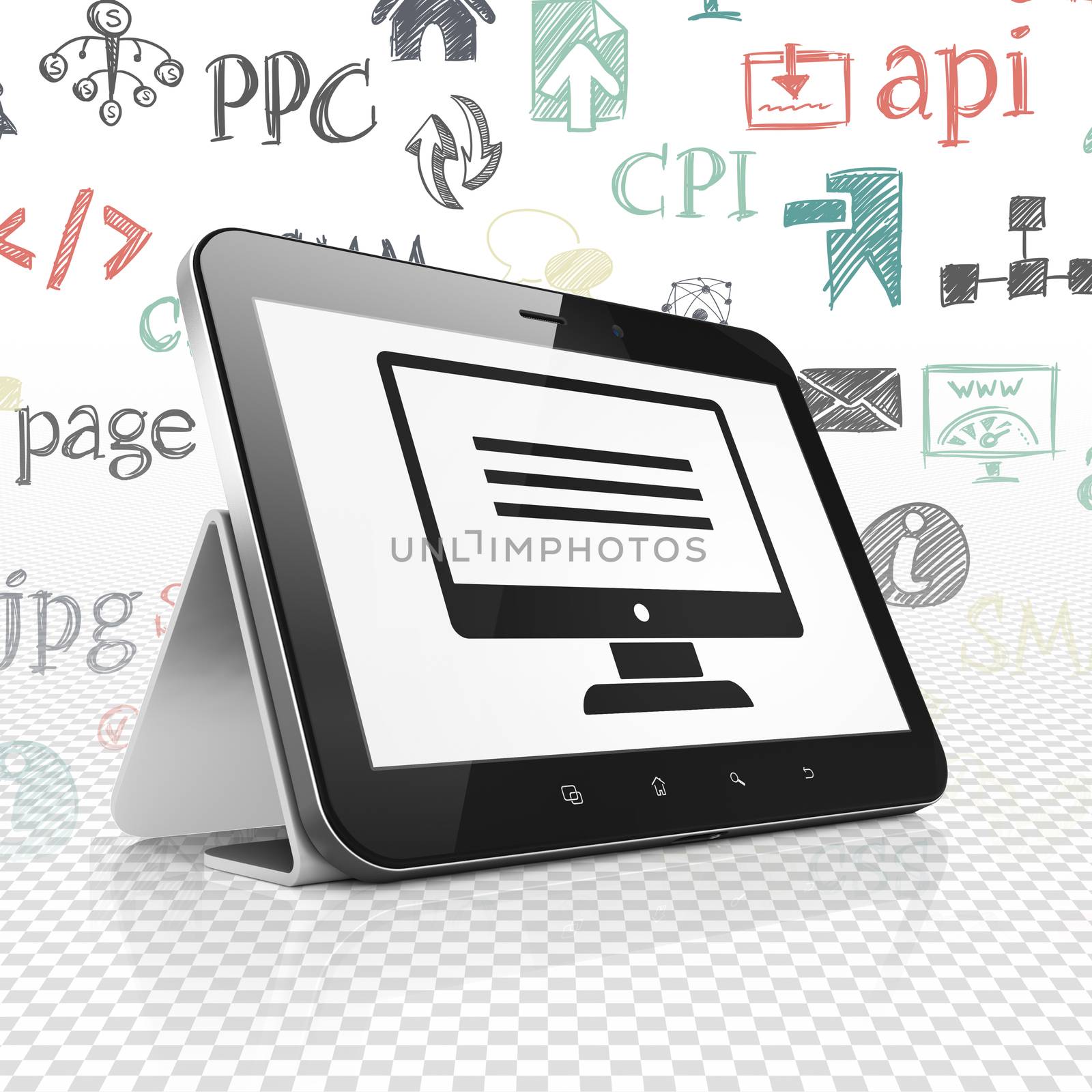 Web design concept: Tablet Computer with  black Monitor icon on display,  Hand Drawn Site Development Icons background, 3D rendering