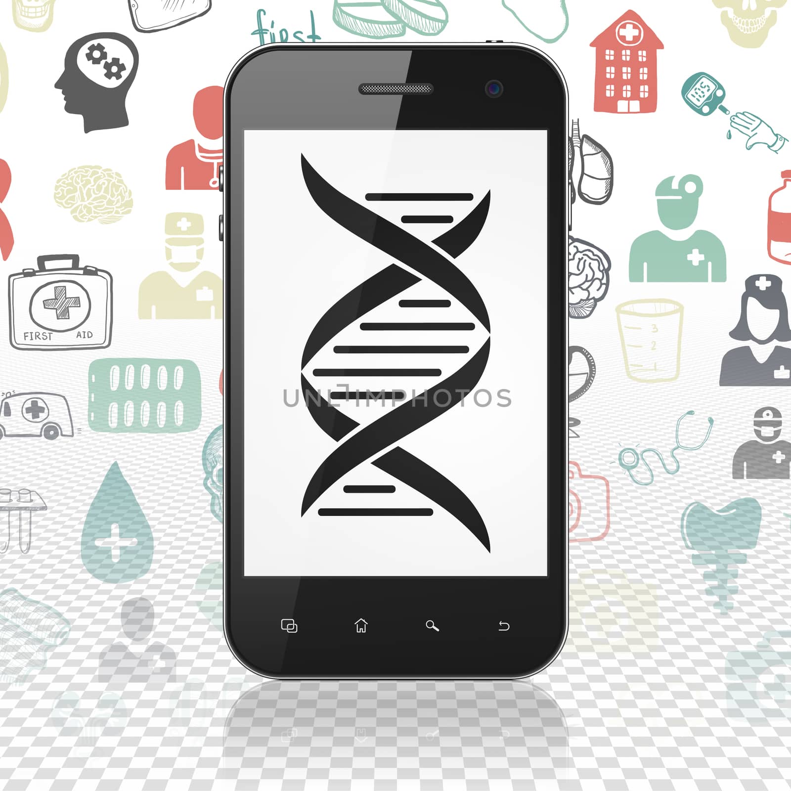 Health concept: Smartphone with DNA on display by maxkabakov