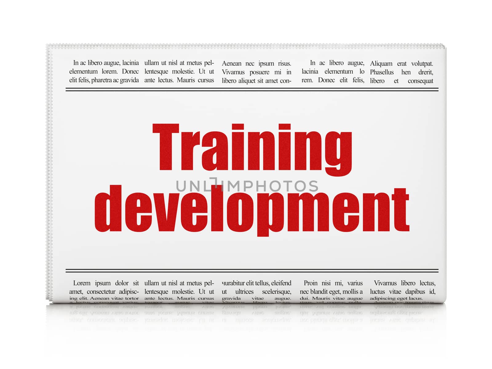 Studying concept: newspaper headline Training Development on White background, 3D rendering