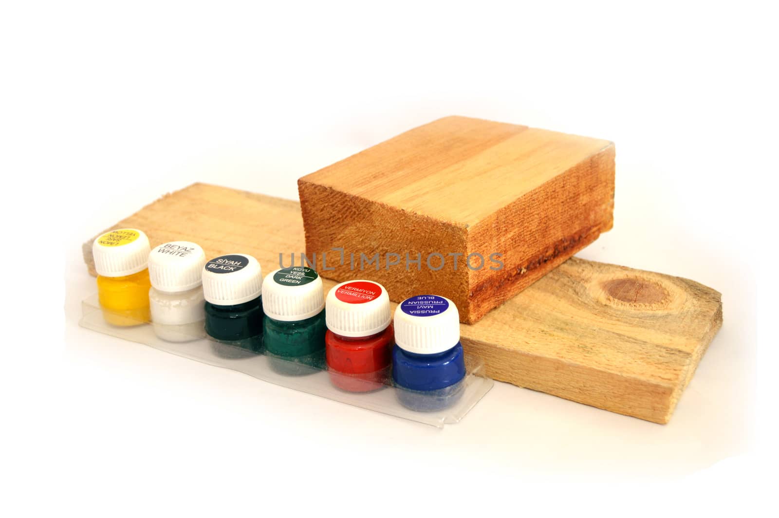 Wood fragments and multi-colored toxic-free wood paints