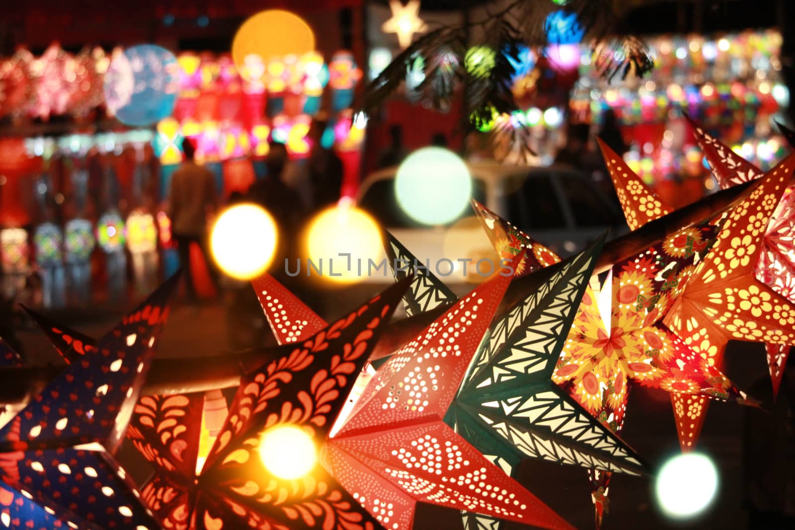 An abstract view of the Diwali street in Pune, India which is full of beautiful traditional lantern shops for the festival.