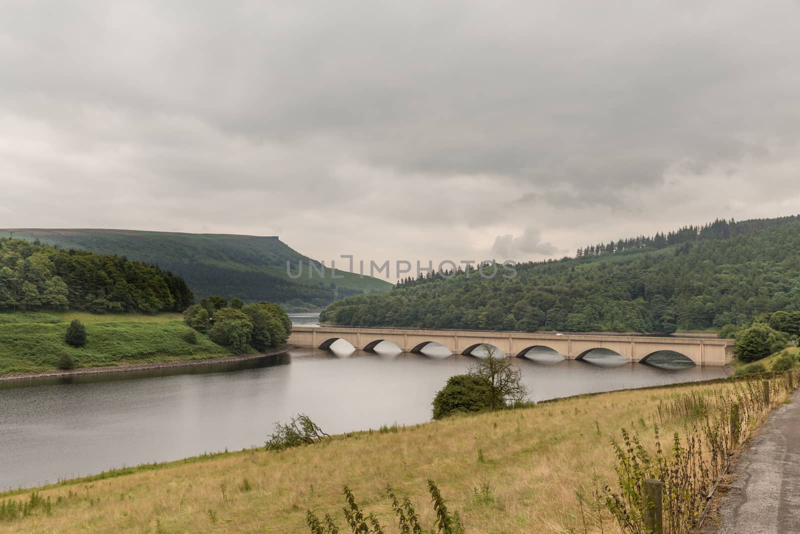 Ladybower Reservoir in the Peak District, England, with the Ashopton Viaduct crossing