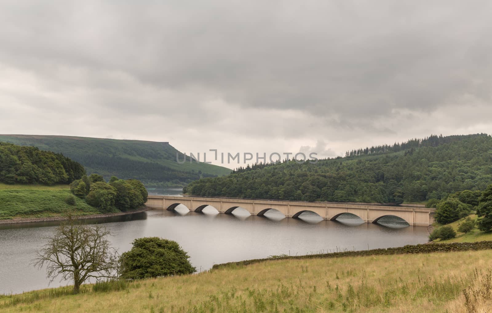 Ladybower Reservoir in the Peak District, England, with the Ashopton Viaduct crossing