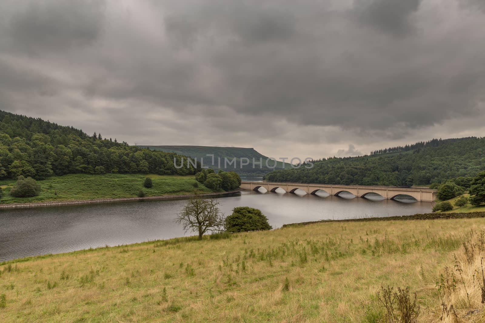Ladybower Reservoir in the Peak District, England, with the Ashopton Viaduct crossing
