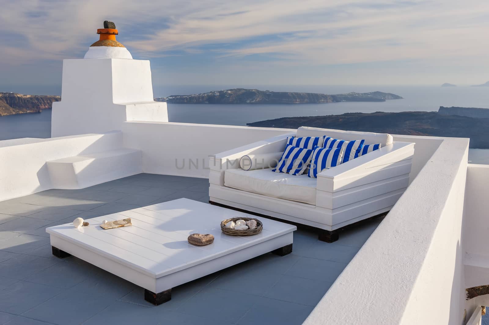 View of Firostefani luxury decks and patios, Santorini Greece. Copyspace