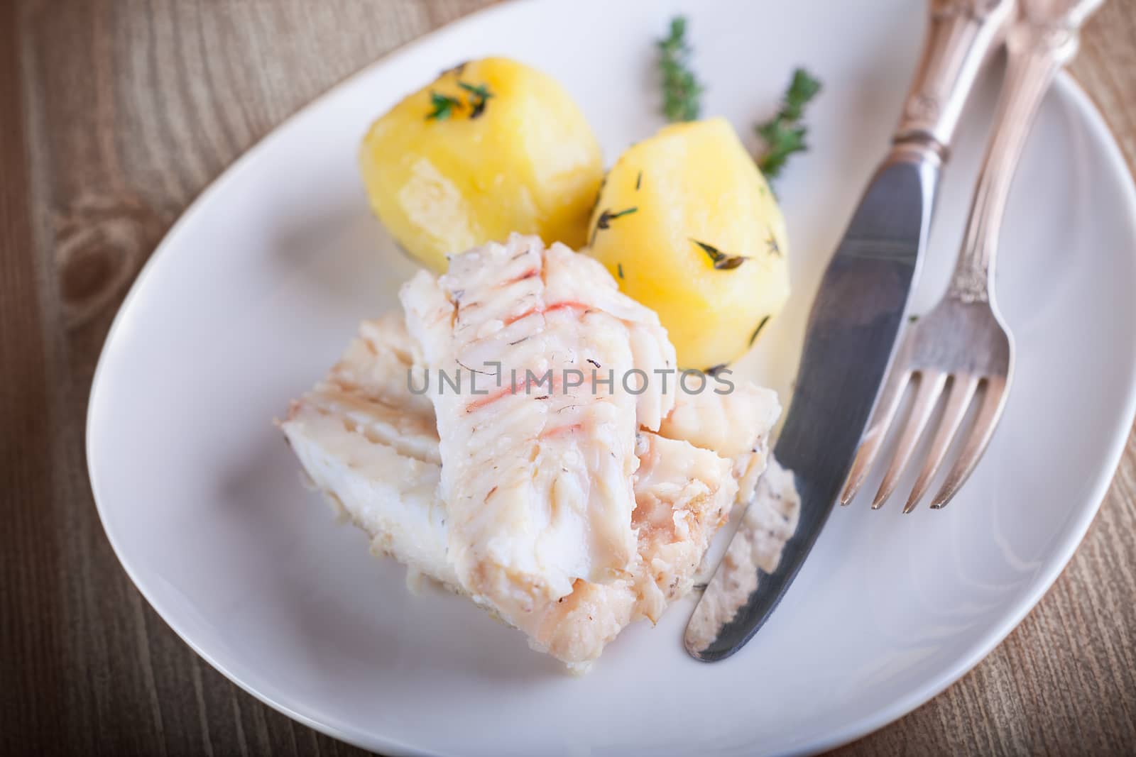 Steamed fish and potato on a plate served on plate. by supercat67