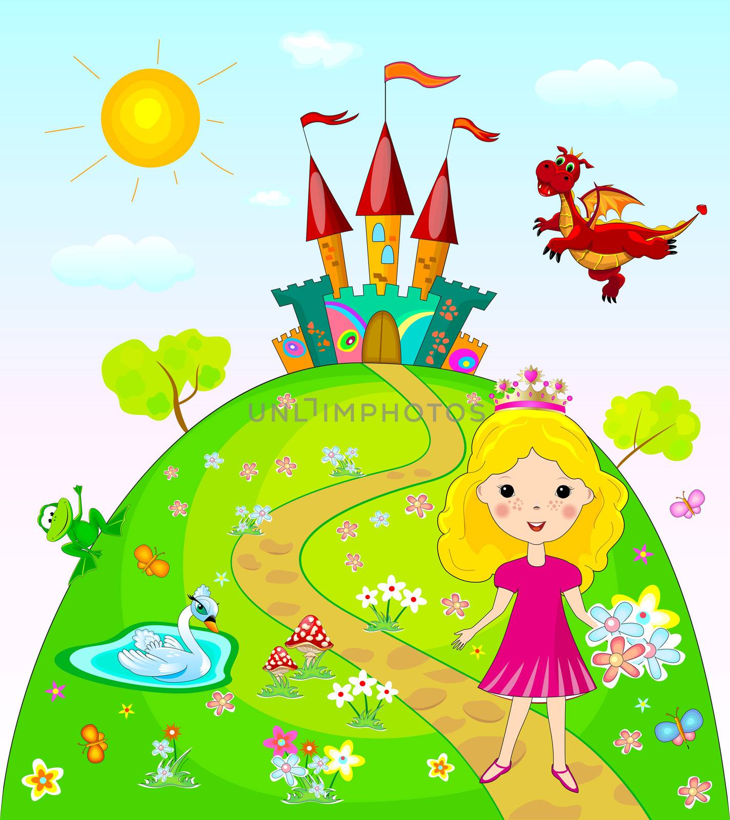 Little princess goes on a footpath. Landscape with the castle, trees and flowers. Fairy dragon, swan and frog.                                                                                                                                                 