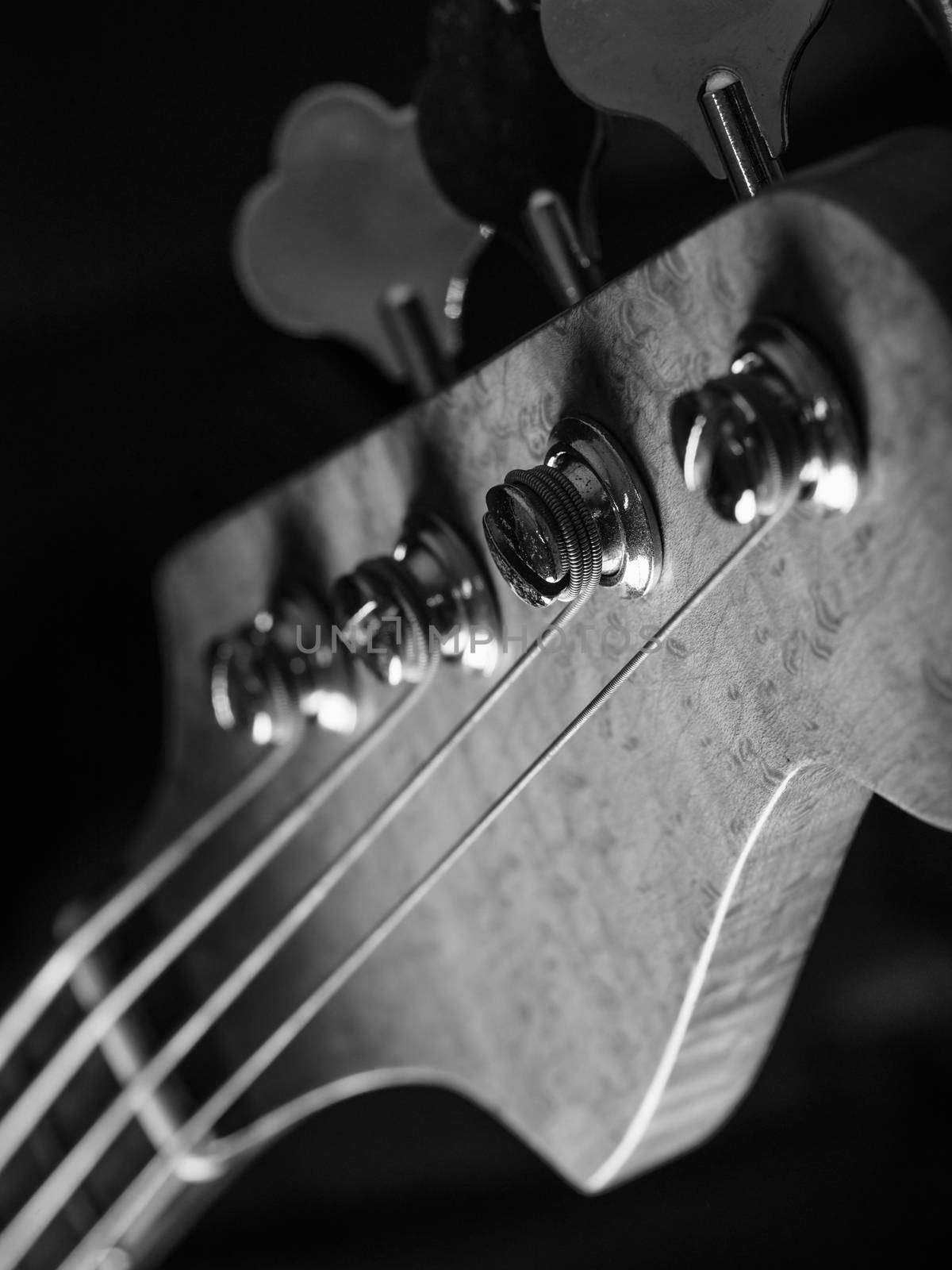 Black and white photo of a bass guitar headstock over black background.