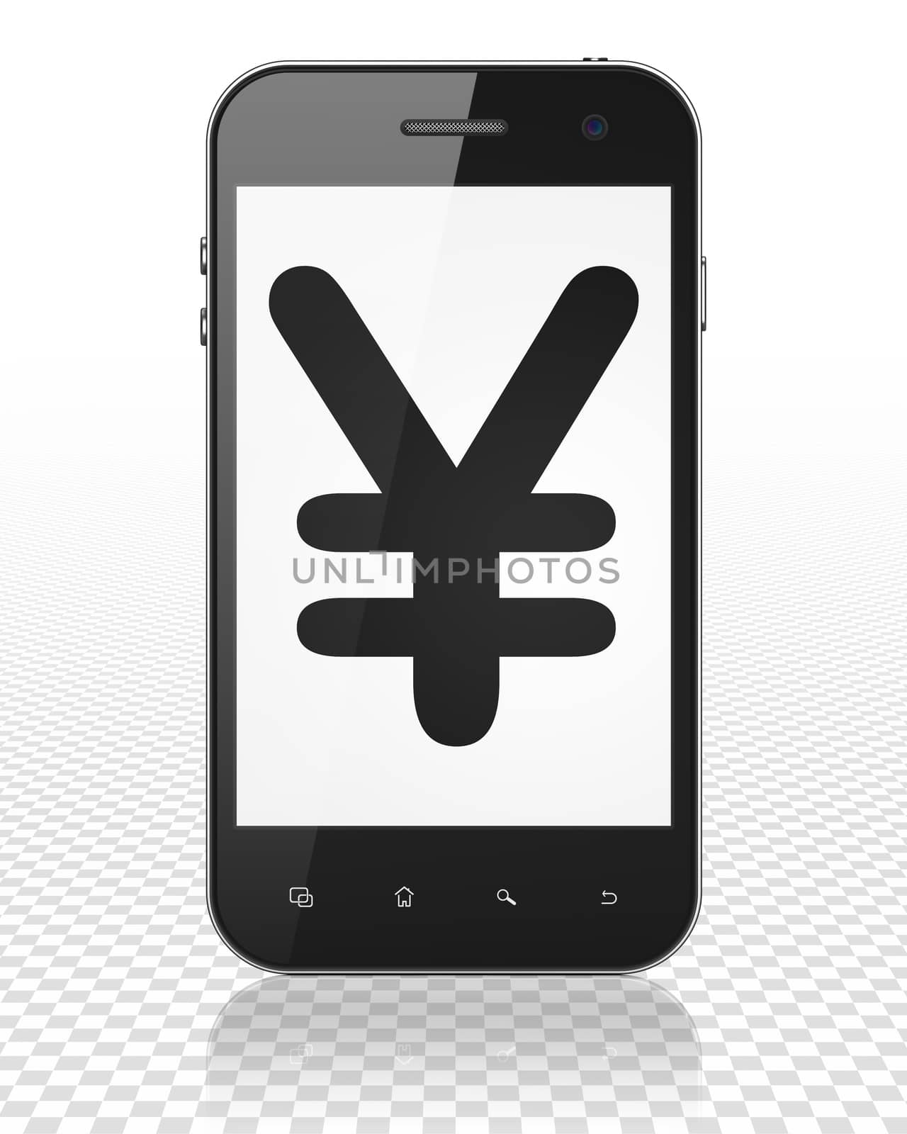 Currency concept: Smartphone with black Yen icon on display, 3D rendering