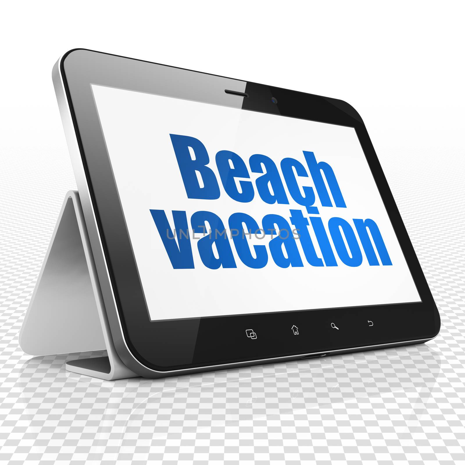 Tourism concept: Tablet Computer with blue text Beach Vacation on display, 3D rendering