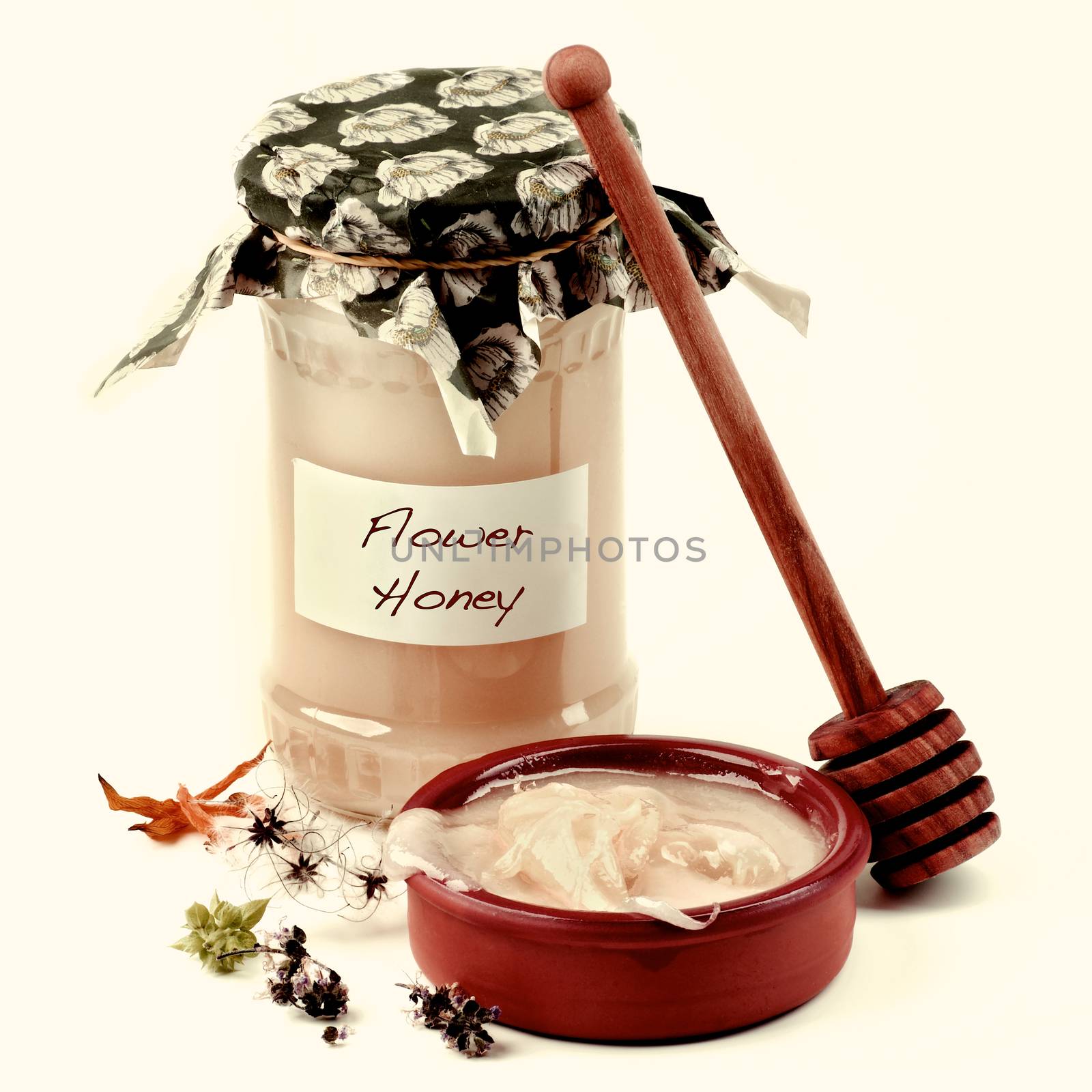 Arrangement of Flower Honey in Glass Jar, Honey Dipper and Bowl with Honey closeup on White background. Retro Styled