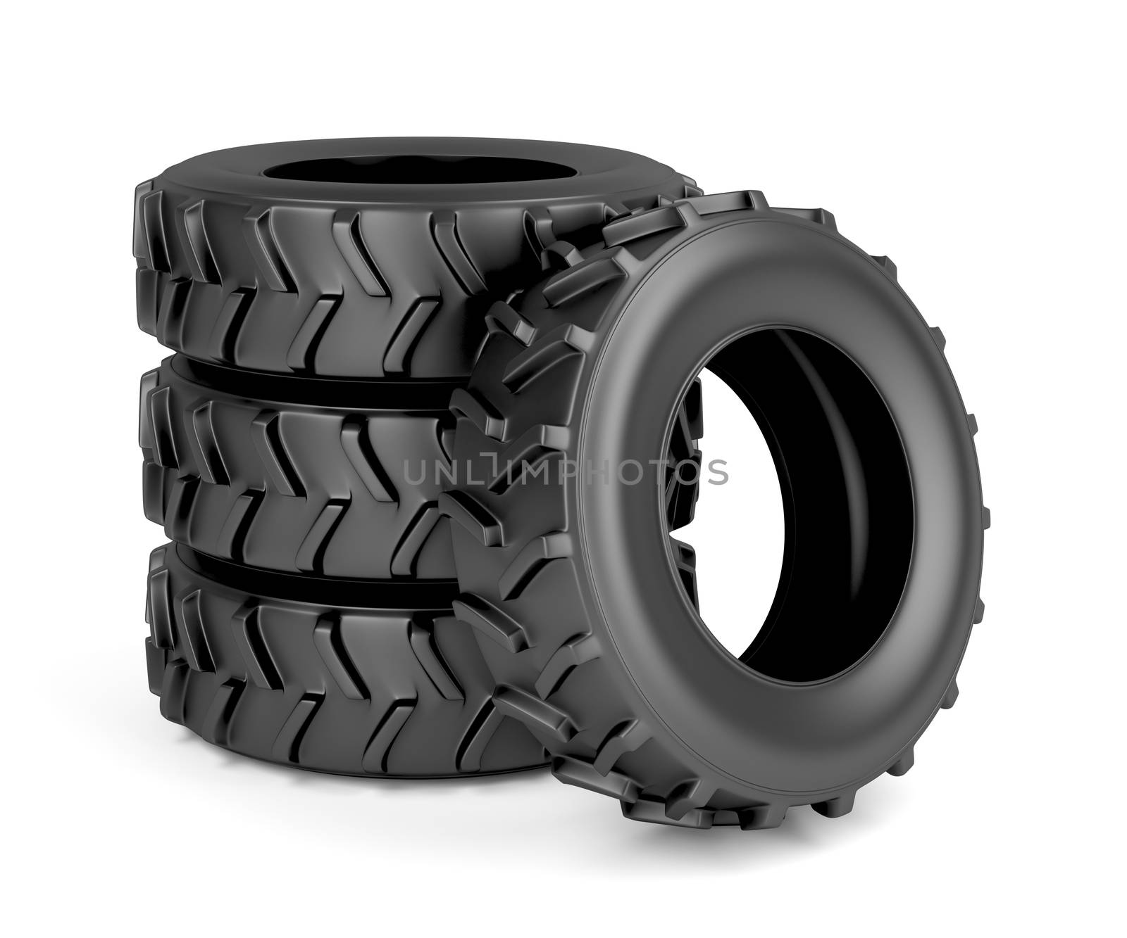 Group of four tires for tractor or machinery on white background 