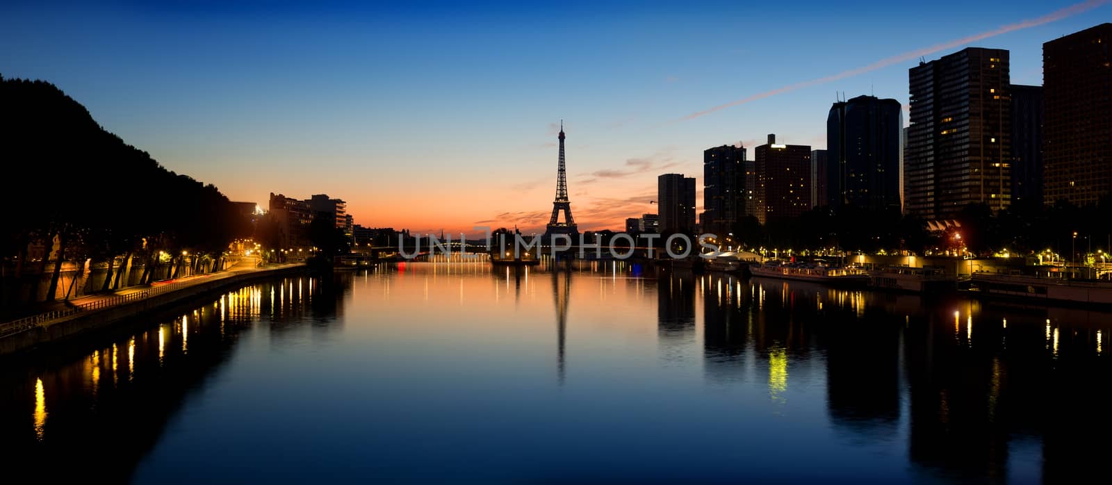 Parisian morning landscape with view on skyscrapers and Eiffel Tower, France