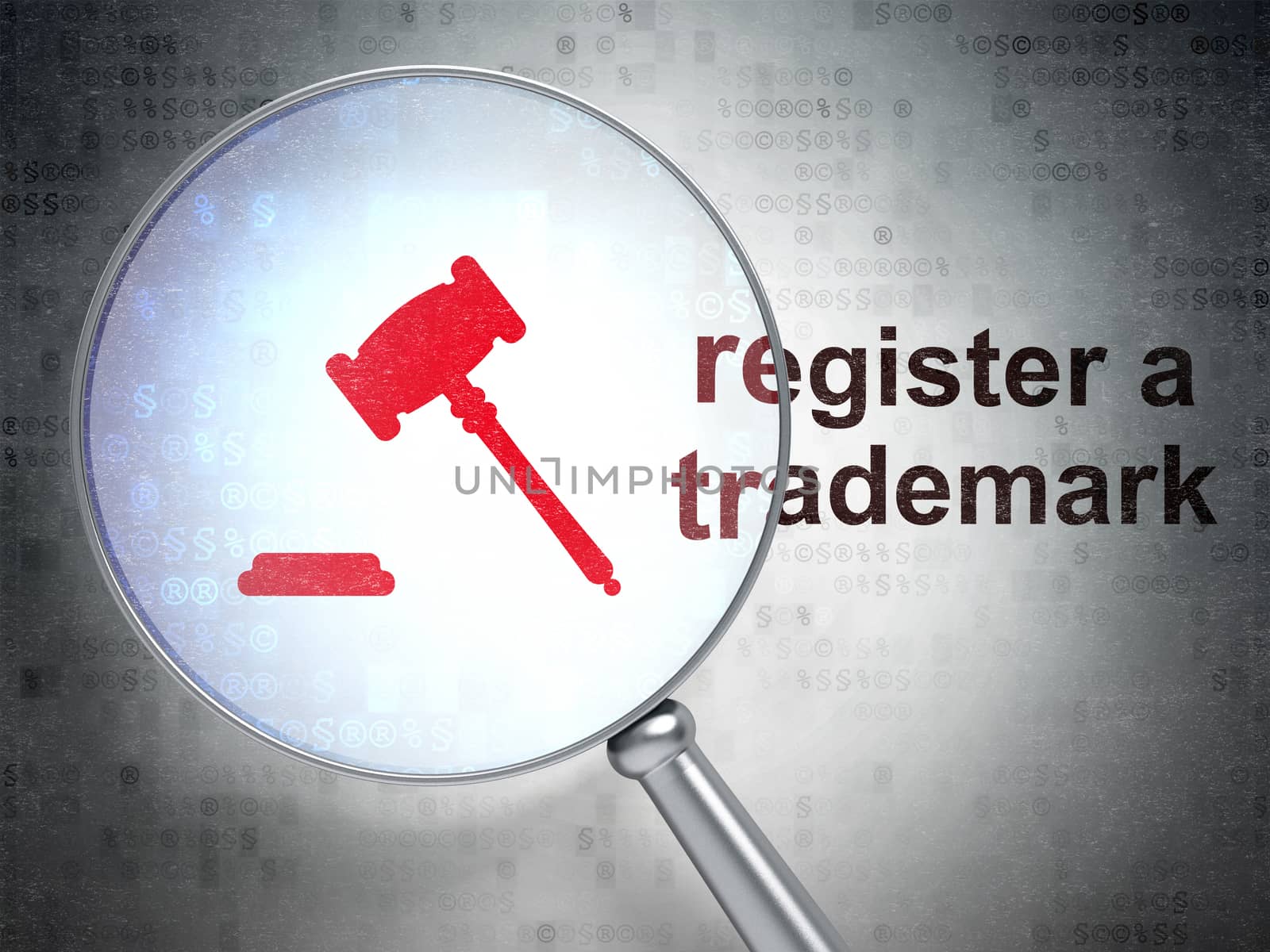 Law concept: magnifying optical glass with Gavel icon and Register A Trademark word on digital background, 3D rendering