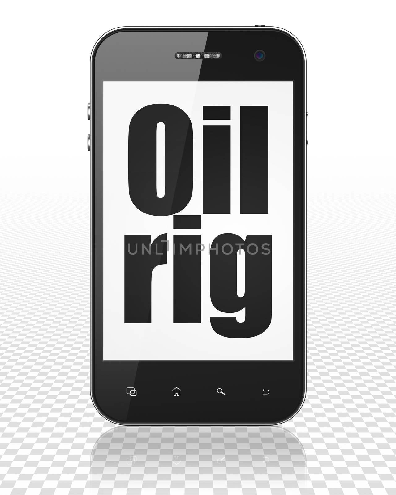 Manufacuring concept: Smartphone with black text Oil Rig on display, 3D rendering