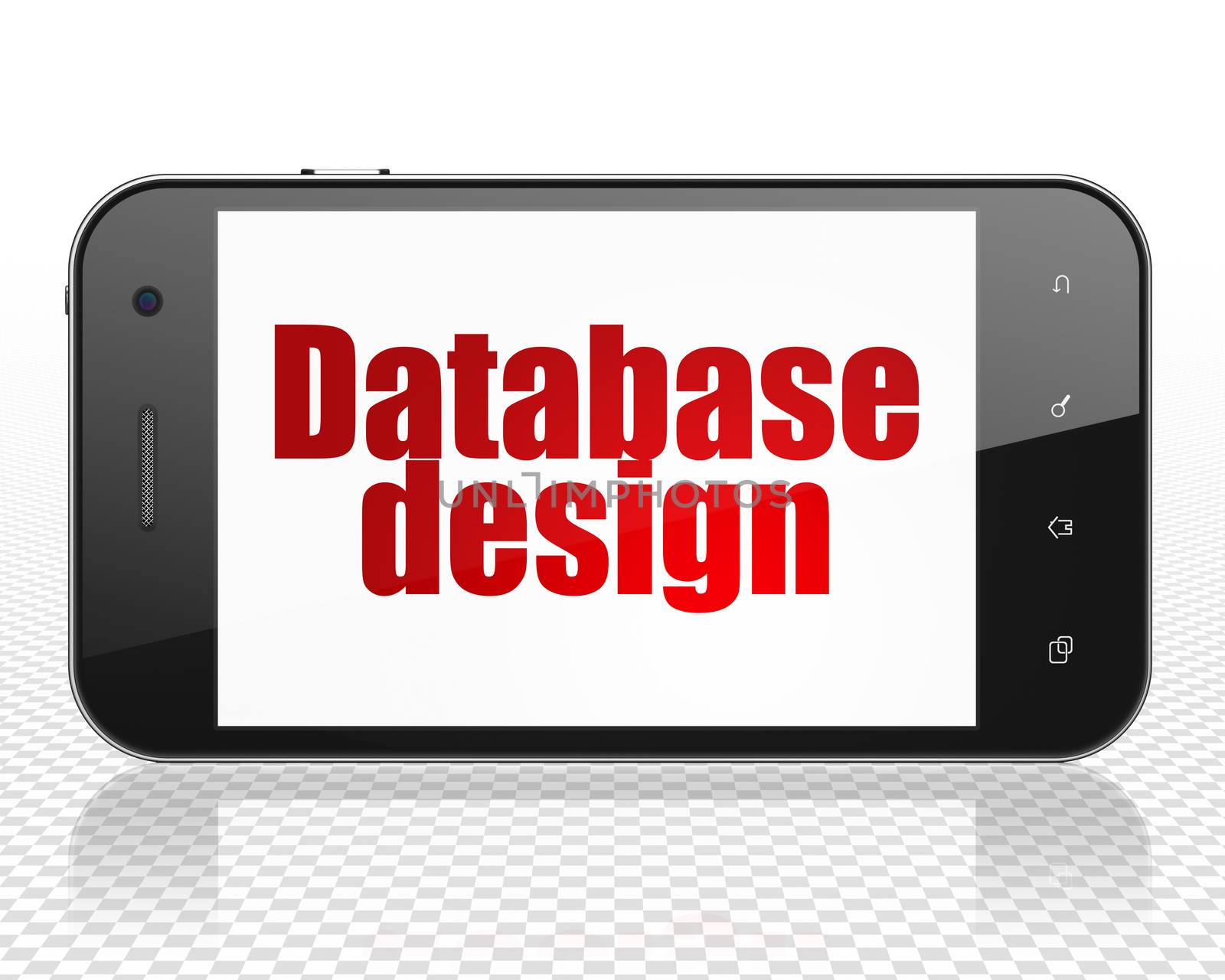 Programming concept: Smartphone with red text Database Design on display, 3D rendering