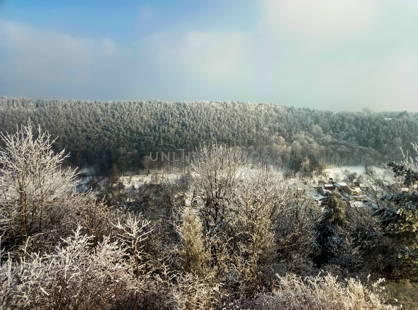 beautiful mountain view from above forest winter in Ukraine