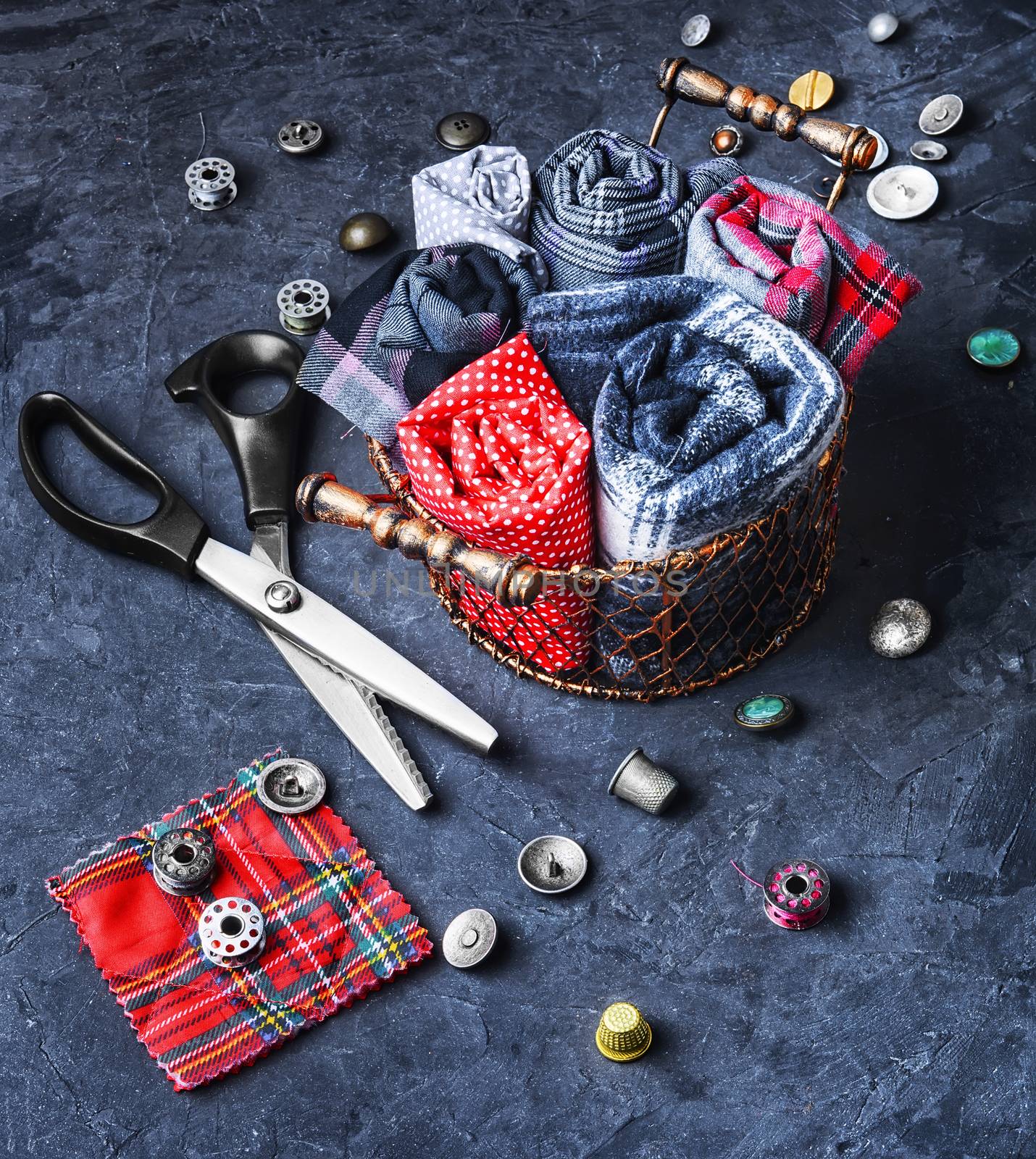 basket of fabric for needlework and tools tailor