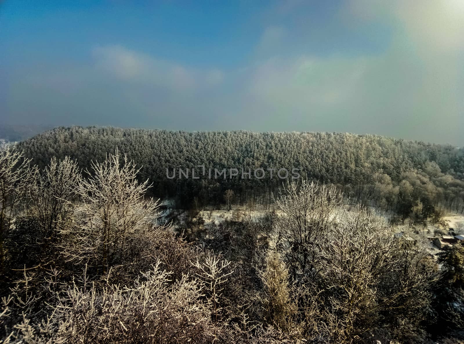 beautiful mountain view from above forest winter Kremenets mountains in Ukraine