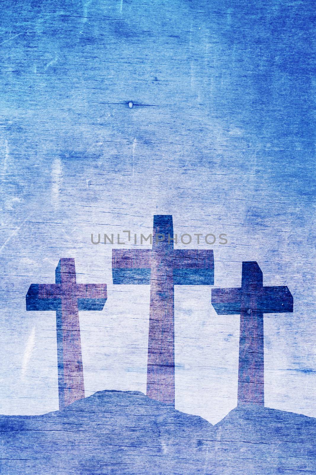 Three Christian crosses on Calvary aged landscape illustration
