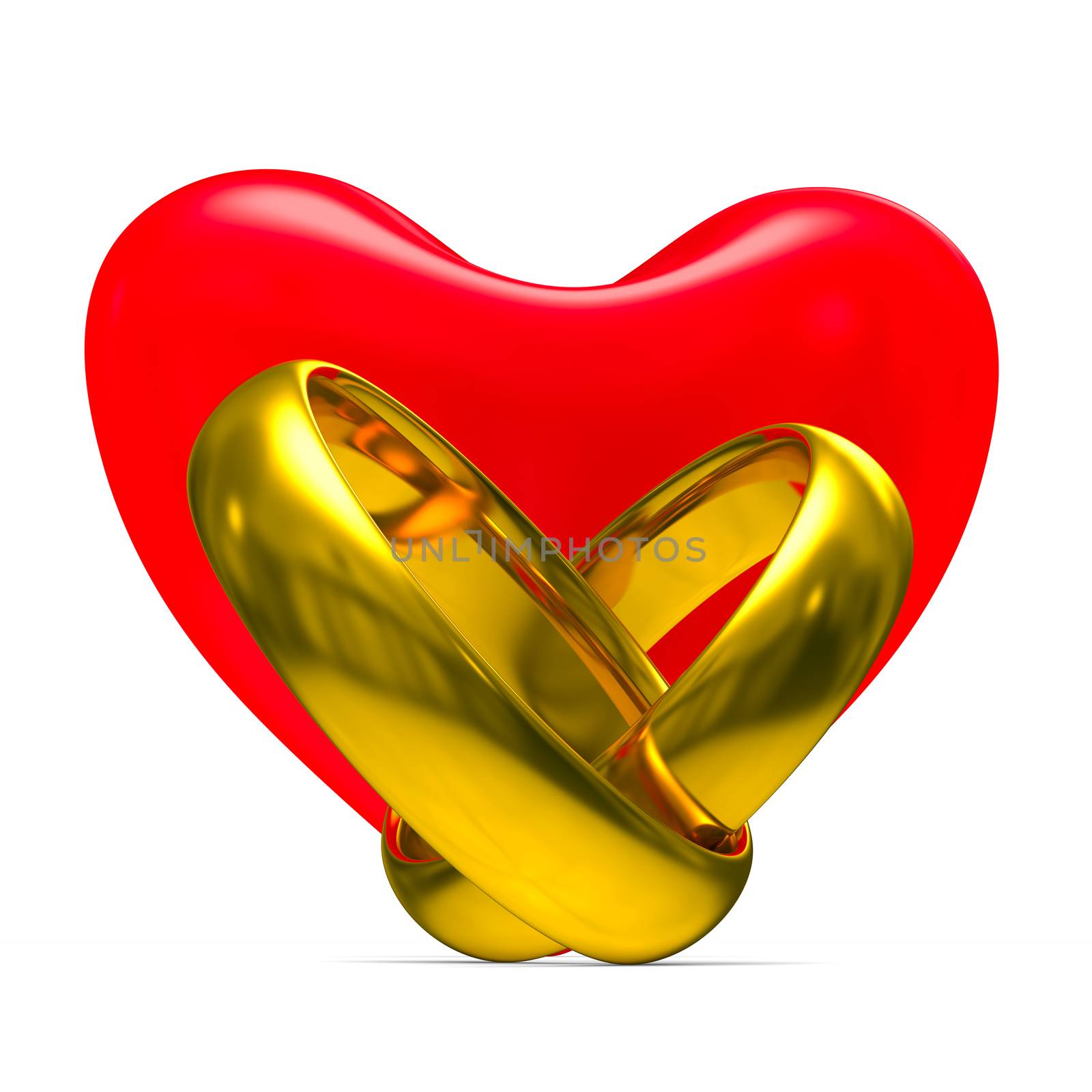 Heart and wedding rings on white background. Isolated 3D image