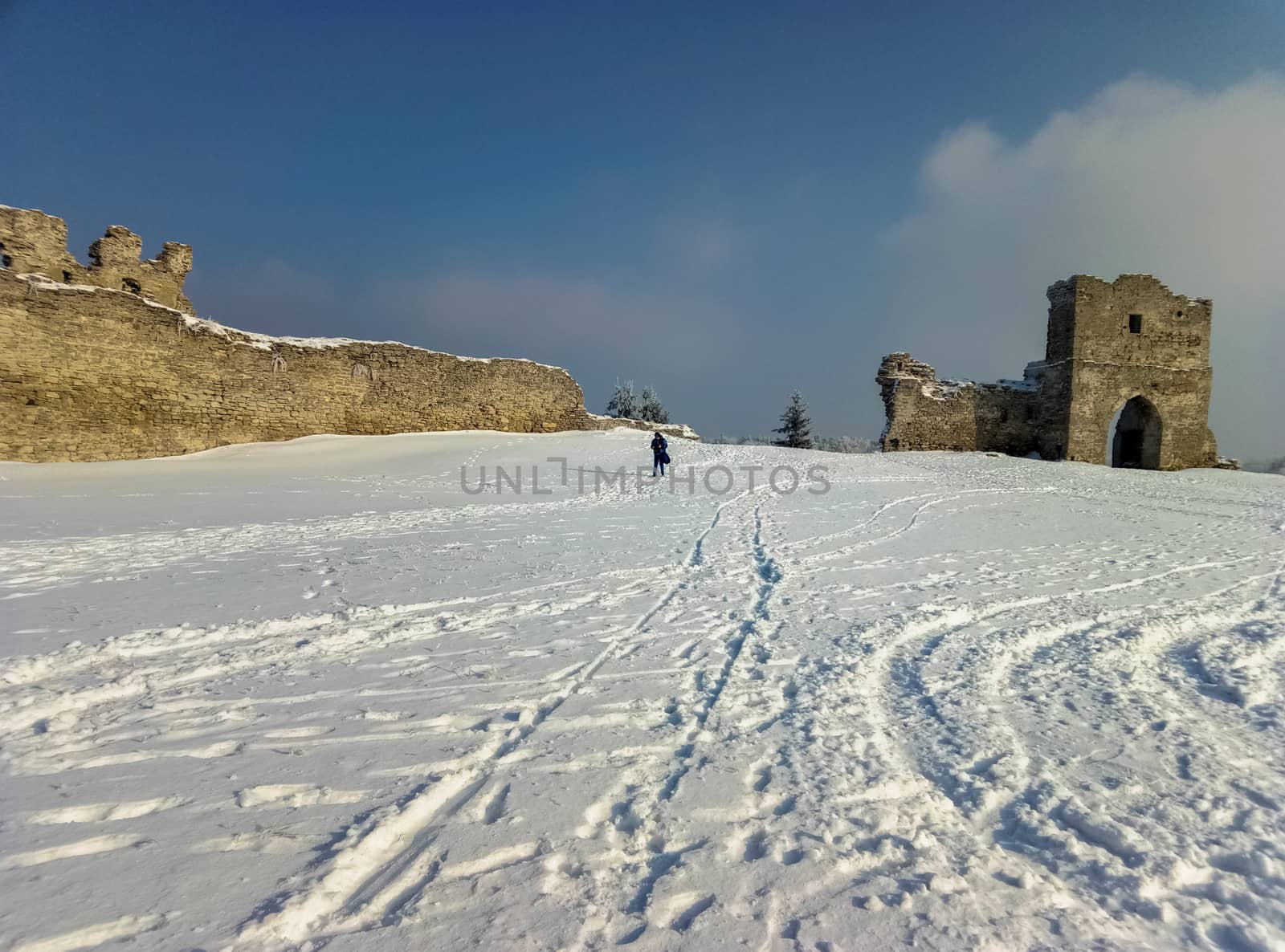 the ruins of the old castle on the background of white snow and blue sky by Oleczka11