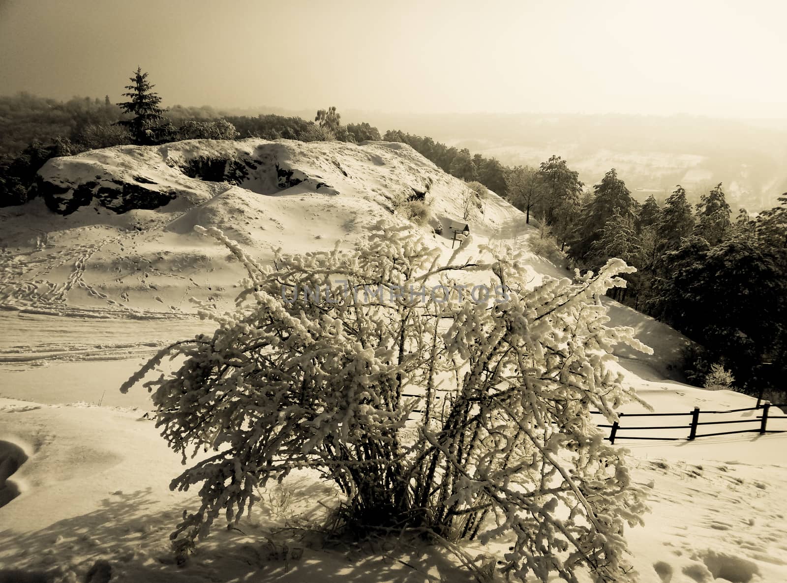 beautiful winter landscape on top of the mountain the fence retro by Oleczka11