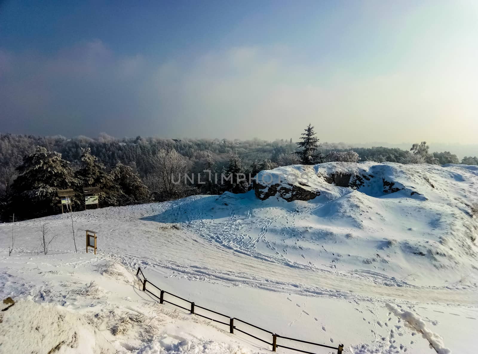 beautiful winter landscape on top of the mountain the fence