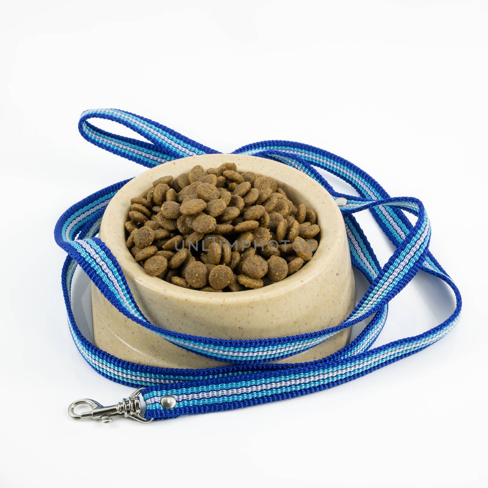 The close up of kibbles (dog food) in brown plastic dog bowl and blue nylon leash.