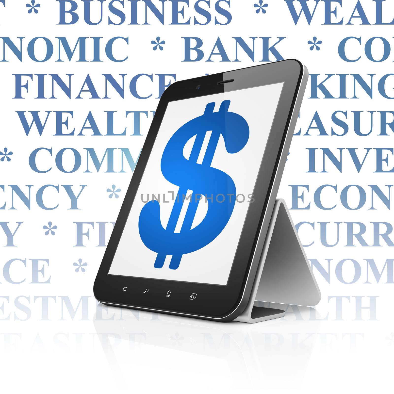 Banking concept: Tablet Computer with  blue Dollar icon on display,  Tag Cloud background, 3D rendering