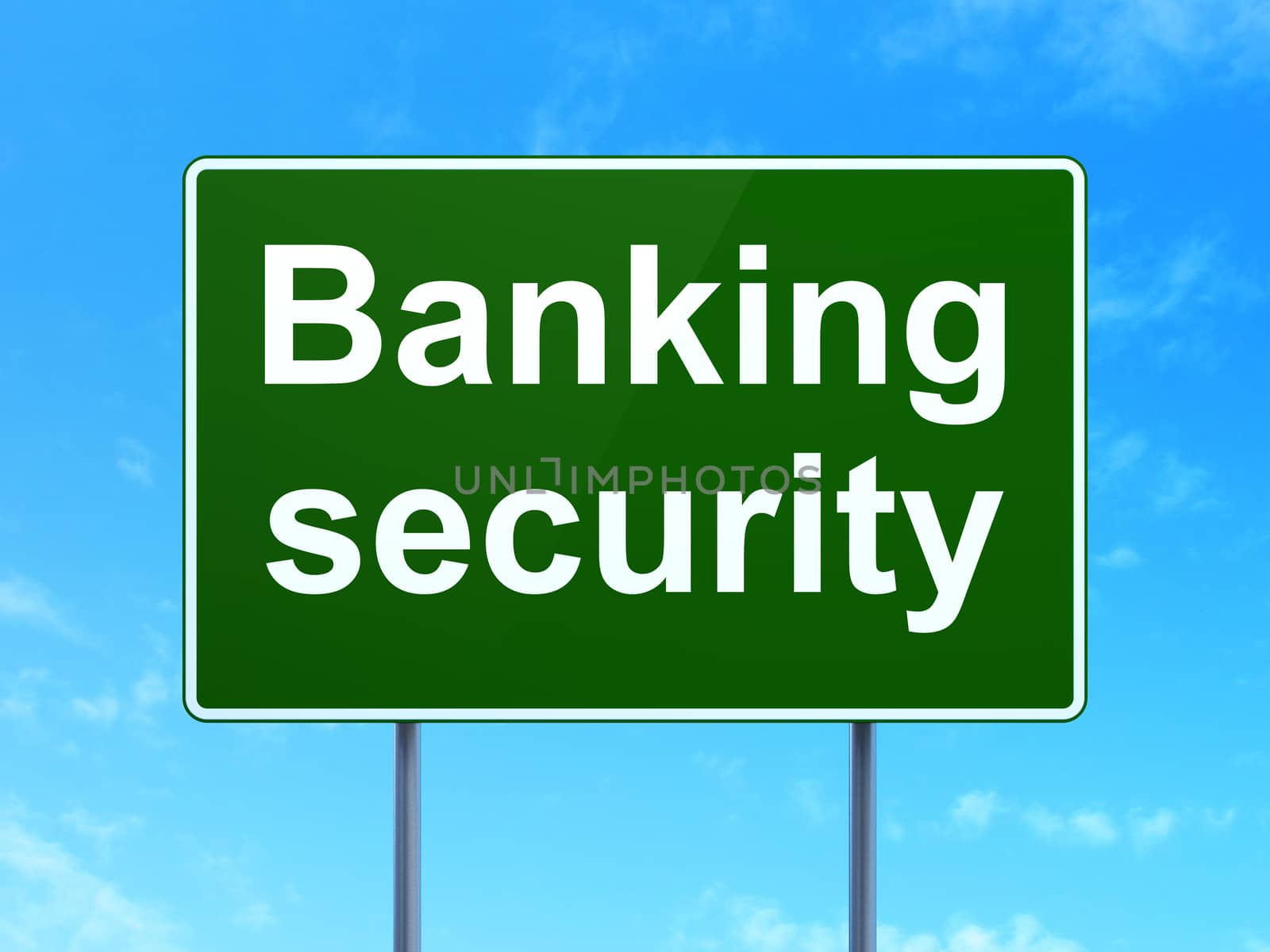 Protection concept: Banking Security on green road highway sign, clear blue sky background, 3D rendering