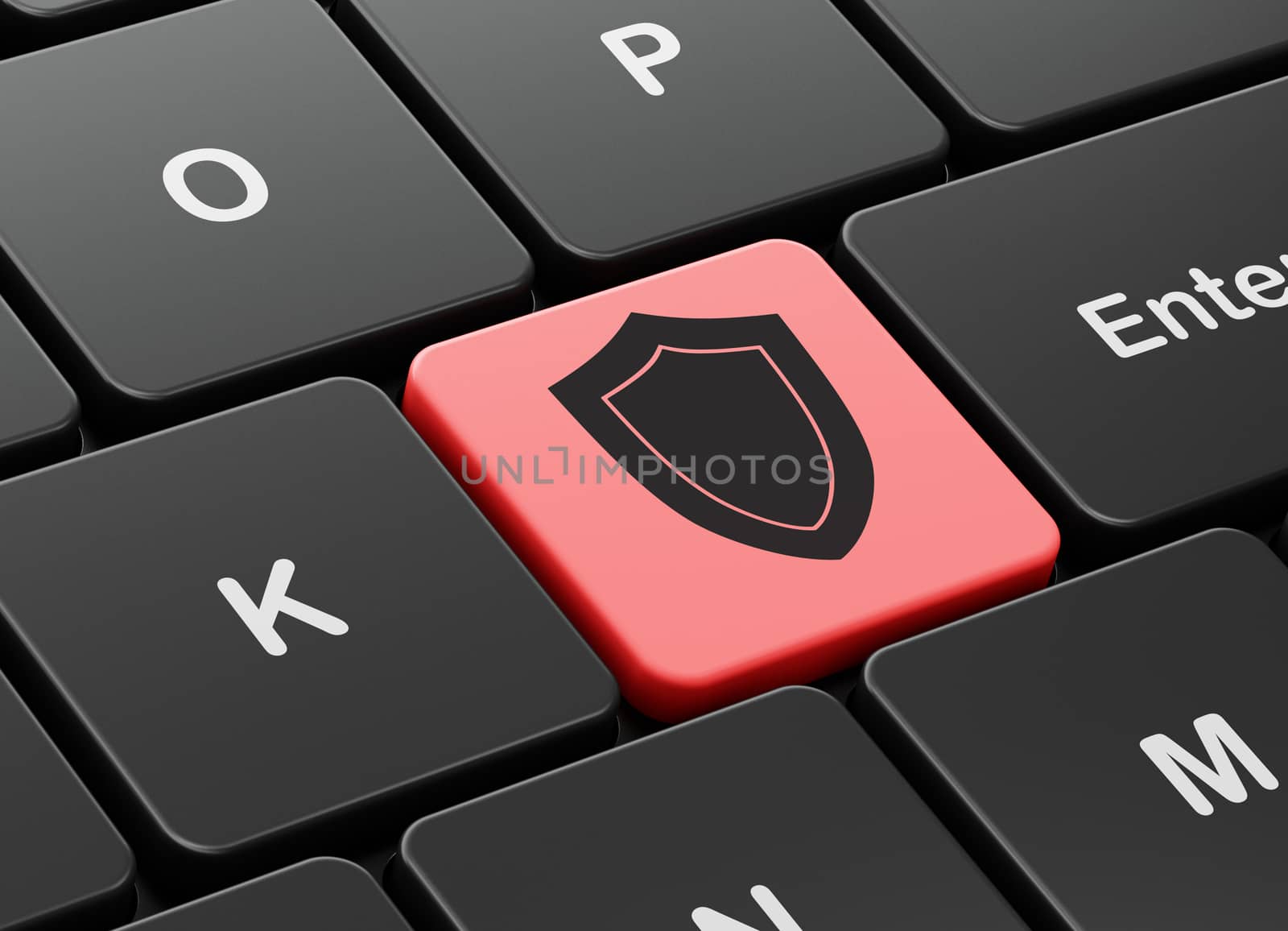 Privacy concept: computer keyboard with Shield icon on enter button background, 3D rendering