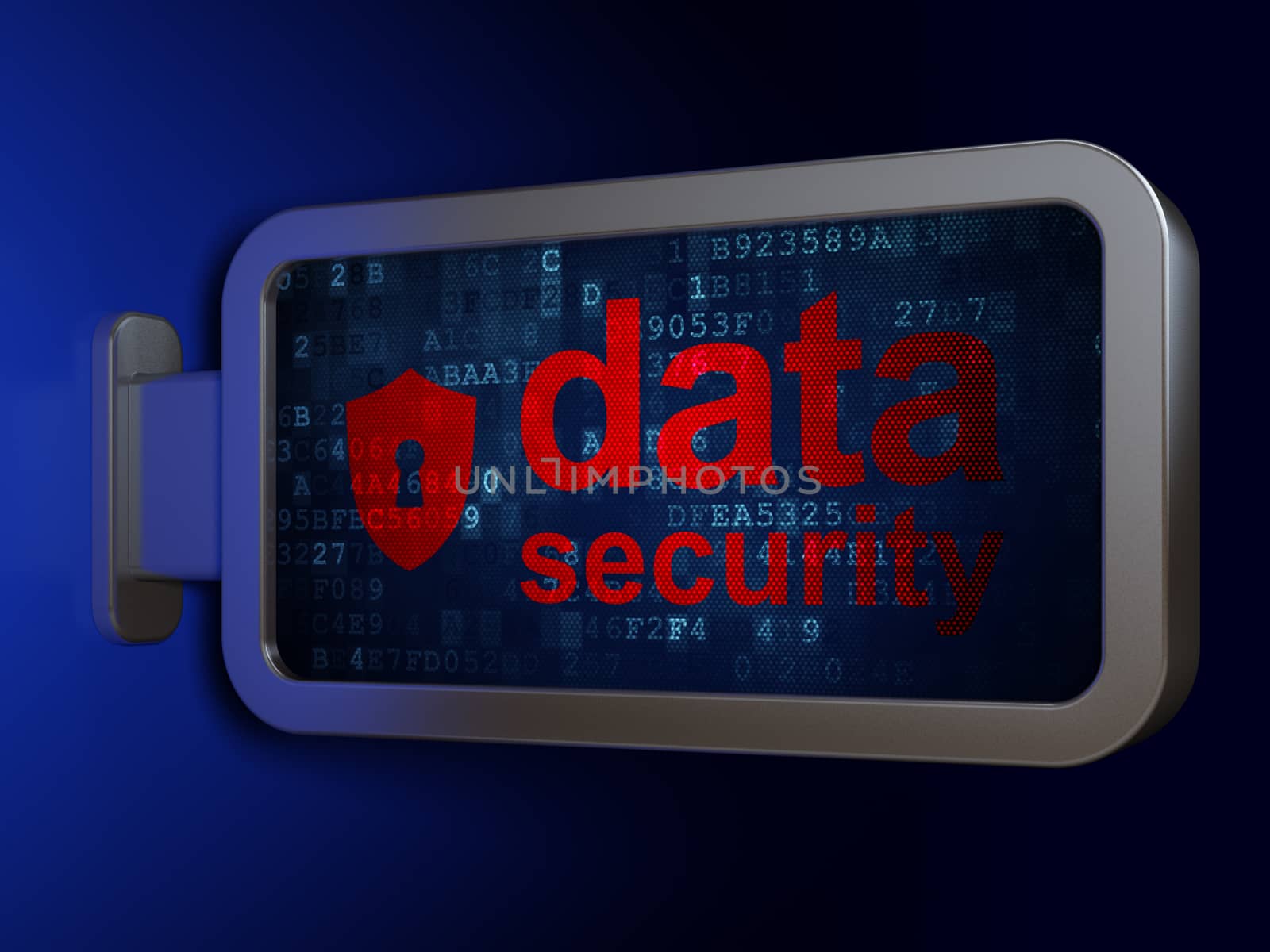 Safety concept: Data Security and Shield With Keyhole on advertising billboard background, 3D rendering
