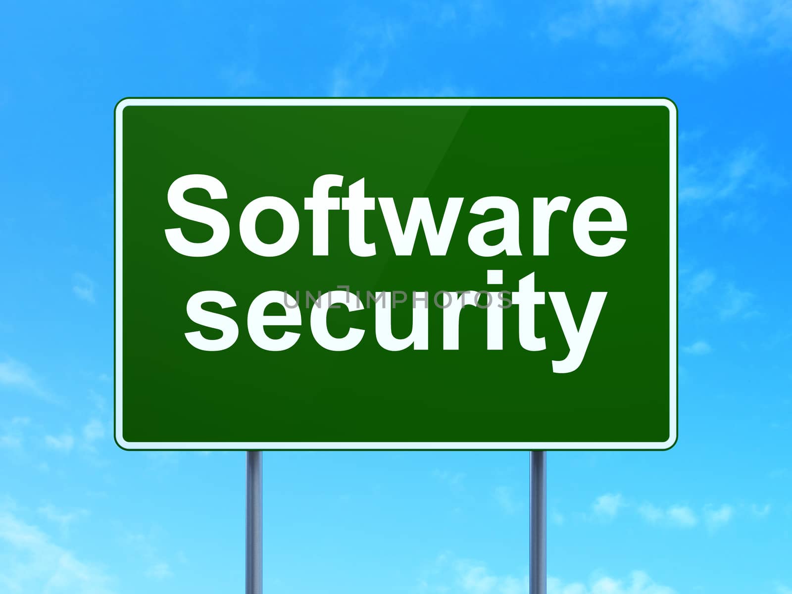 Protection concept: Software Security on green road highway sign, clear blue sky background, 3D rendering