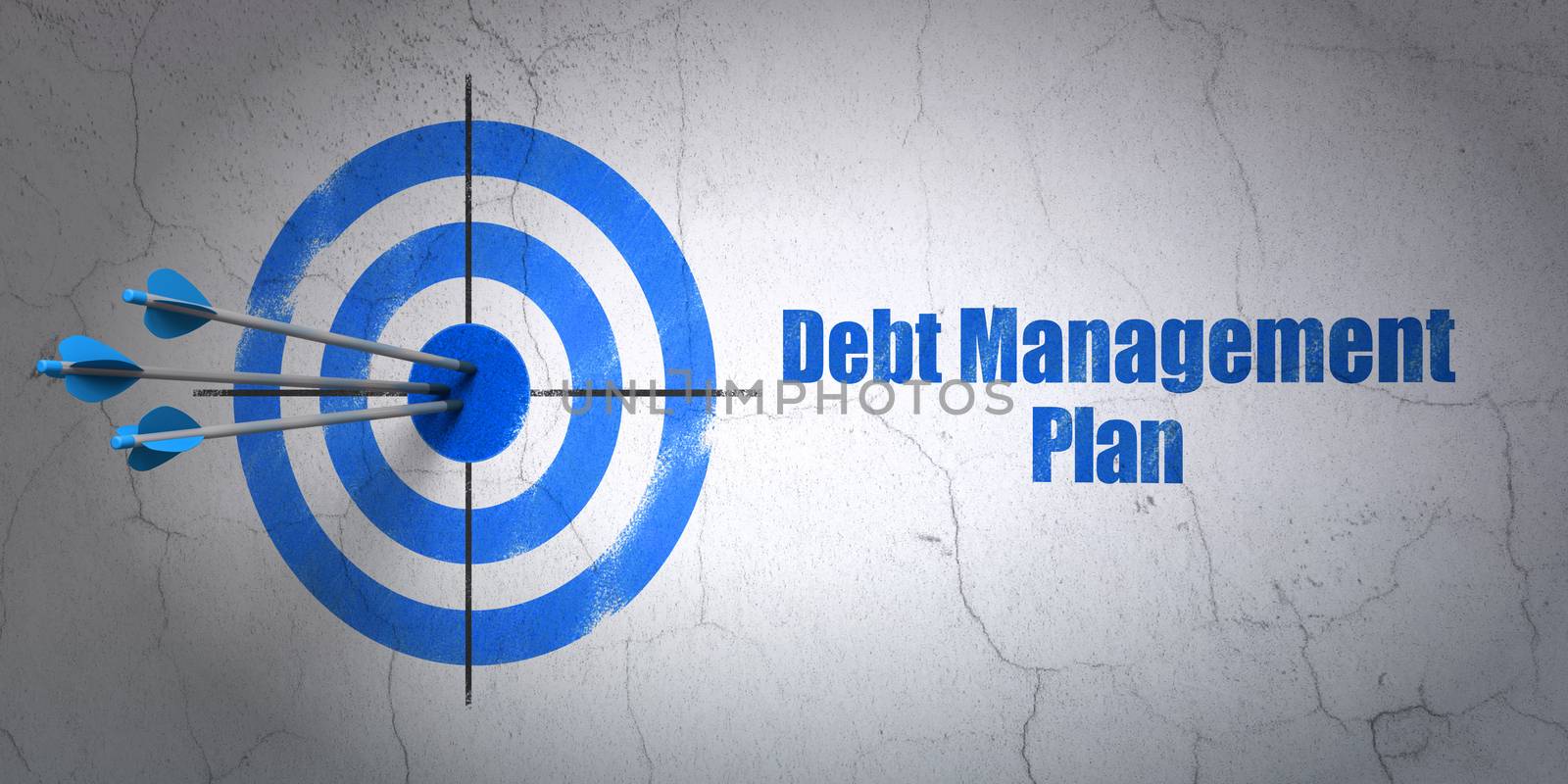 Success finance concept: arrows hitting the center of target, Blue Debt Management Plan on wall background, 3D rendering