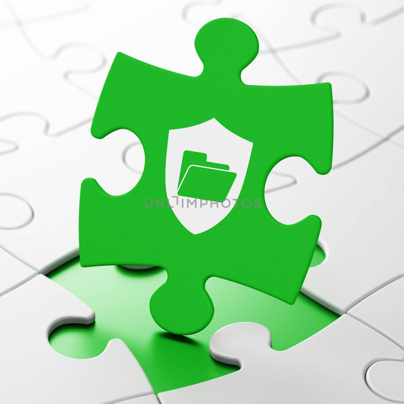Business concept: Folder With Shield on Green puzzle pieces background, 3D rendering