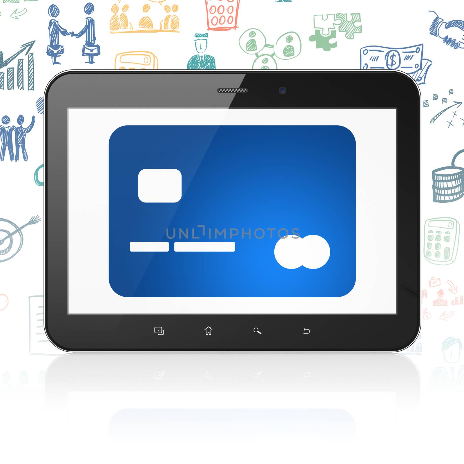 Finance concept: Tablet Computer with  blue Credit Card icon on display,  Hand Drawn Business Icons background, 3D rendering