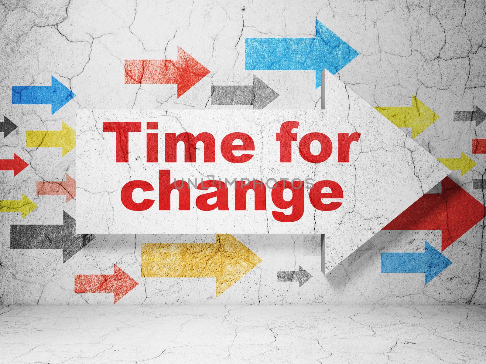 Time concept:  arrow with Time For Change on grunge textured concrete wall background, 3D rendering
