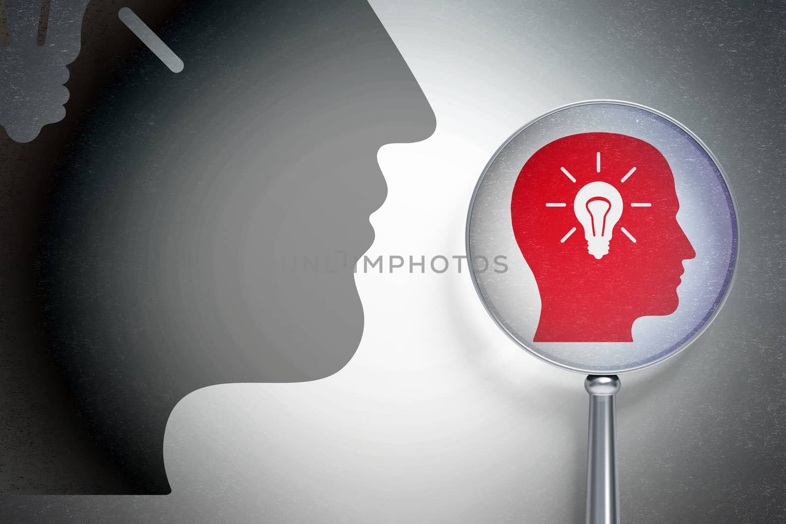 Marketing concept: magnifying optical glass with Head With Light Bulb icon on digital background, empty copyspace for card, text, advertising, 3D rendering