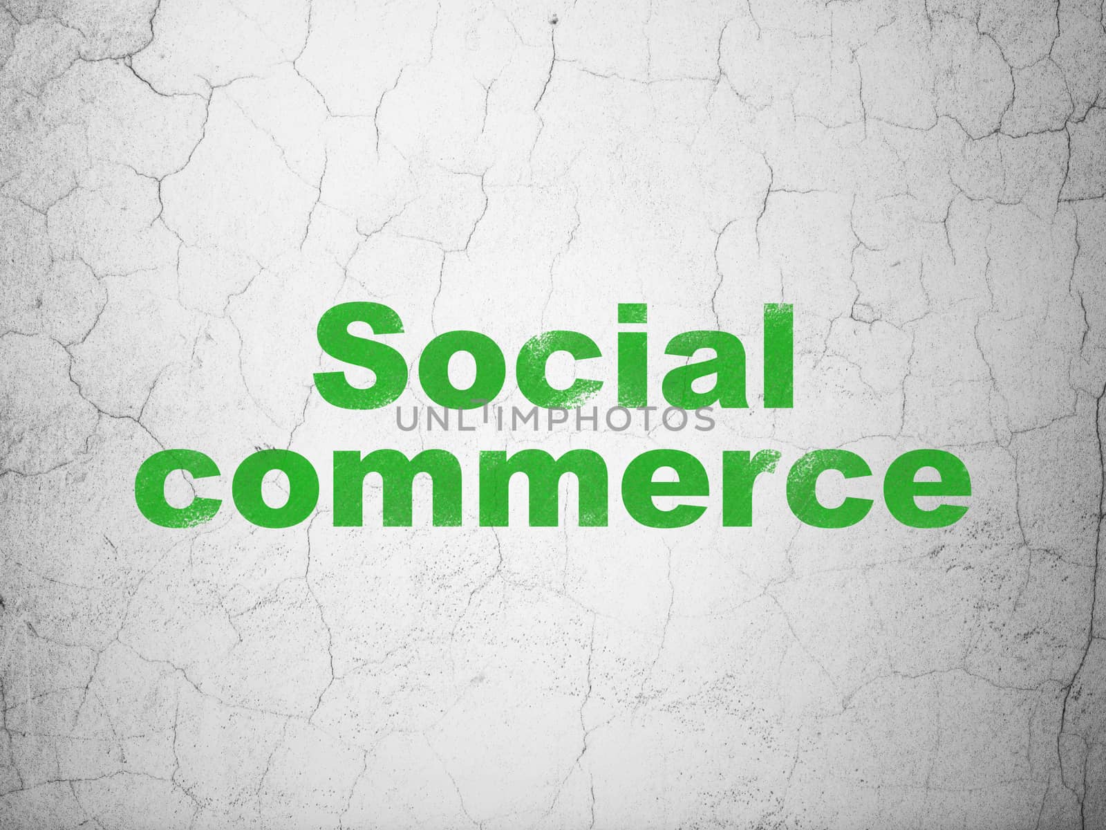 Advertising concept: Green Social Commerce on textured concrete wall background