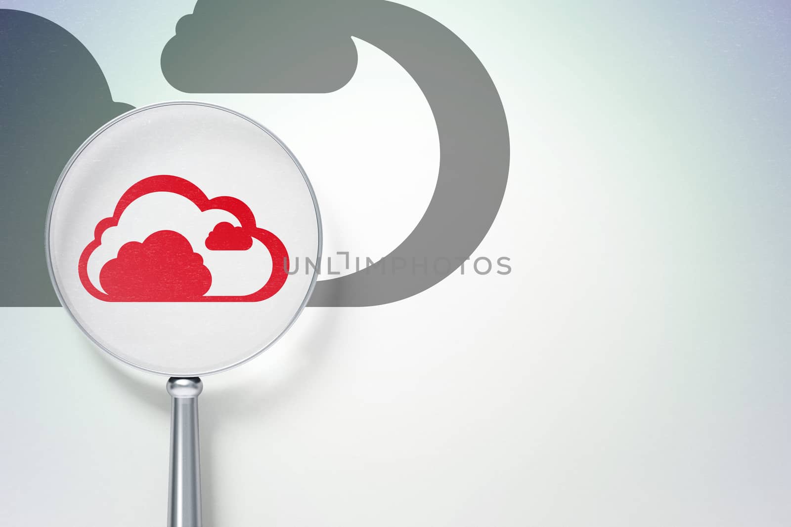 Cloud networking concept: magnifying optical glass with Cloud icon on digital background, empty copyspace for card, text, advertising, 3D rendering