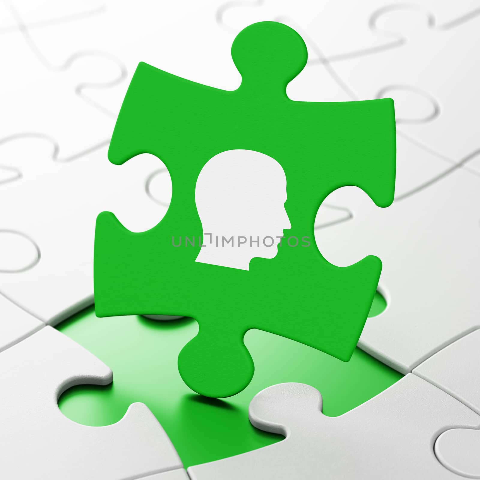 Studying concept: Head on Green puzzle pieces background, 3D rendering