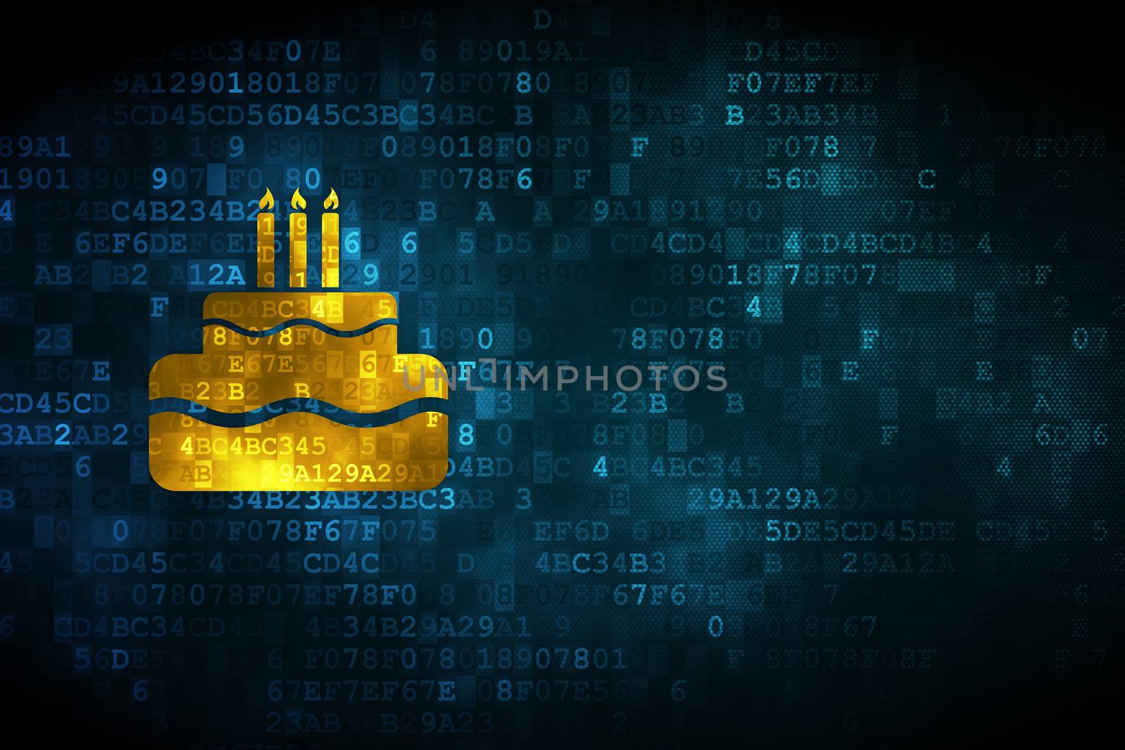 Entertainment, concept: pixelated Cake icon on digital background, empty copyspace for card, text, advertising