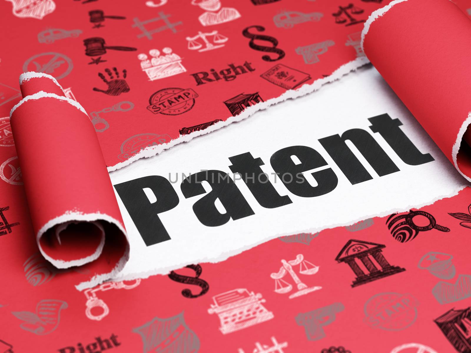 Law concept: black text Patent under the curled piece of Red torn paper with  Hand Drawn Law Icons, 3D rendering