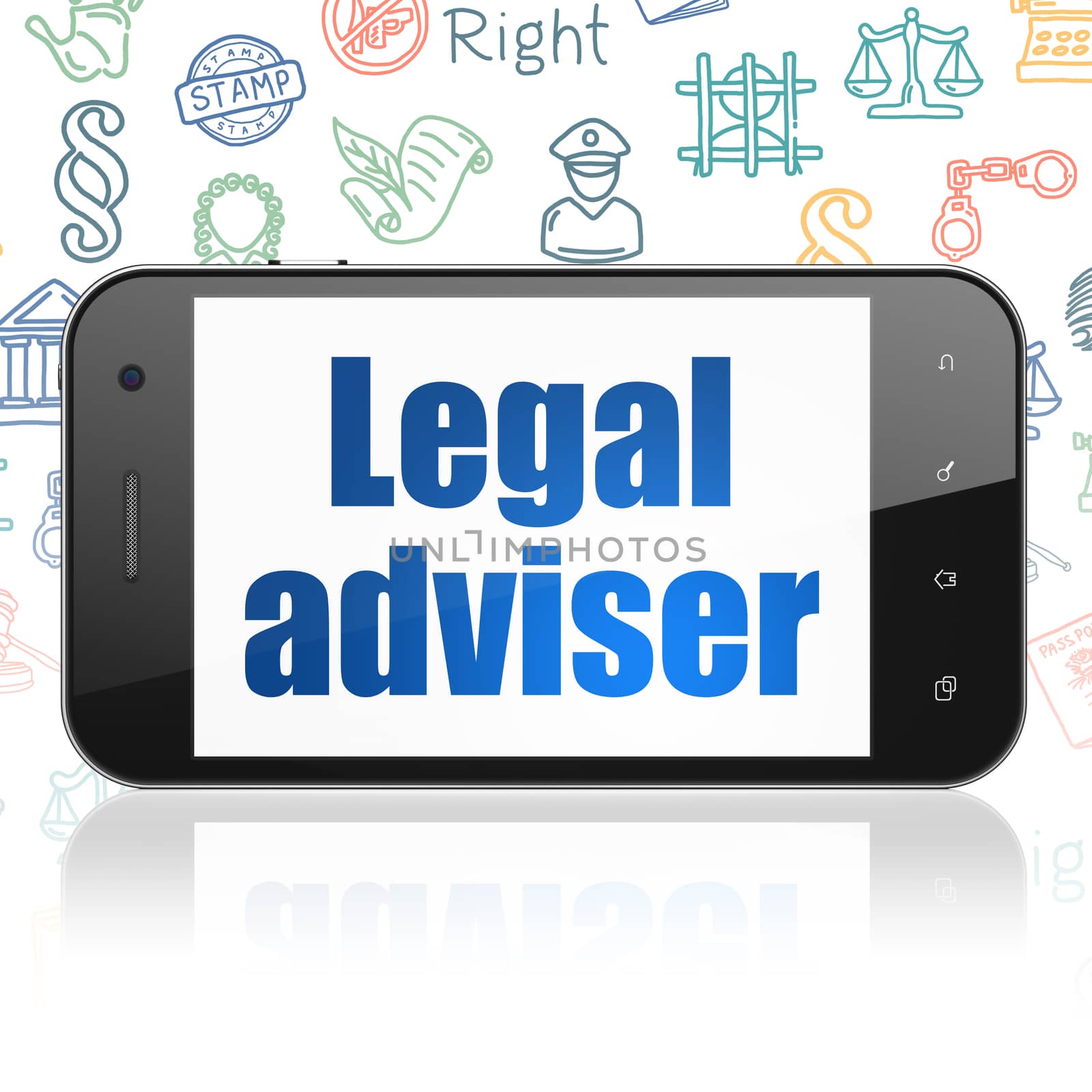 Law concept: Smartphone with  blue text Legal Adviser on display,  Hand Drawn Law Icons background, 3D rendering
